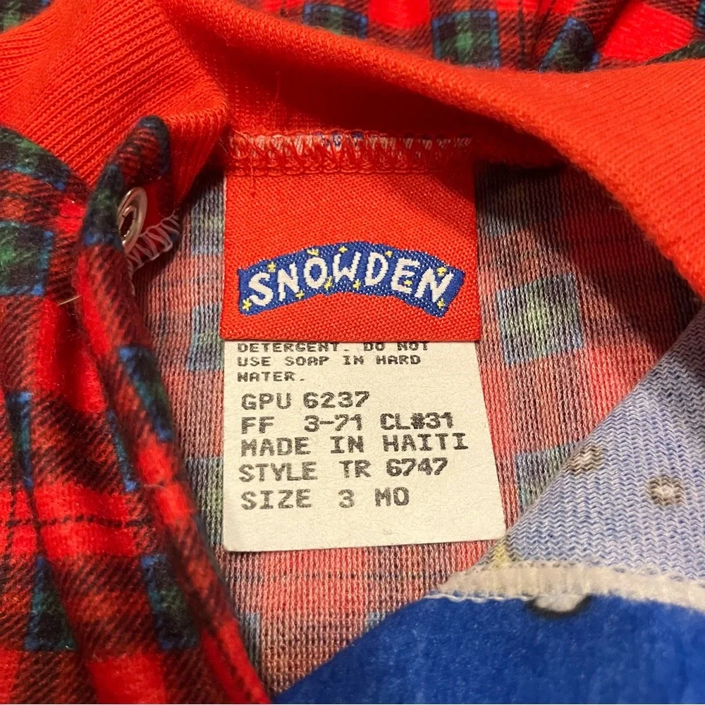 VTG 90s‎ Snowden the Snowman footed one-piece red plaid (tartan) sleeper 3m NWT